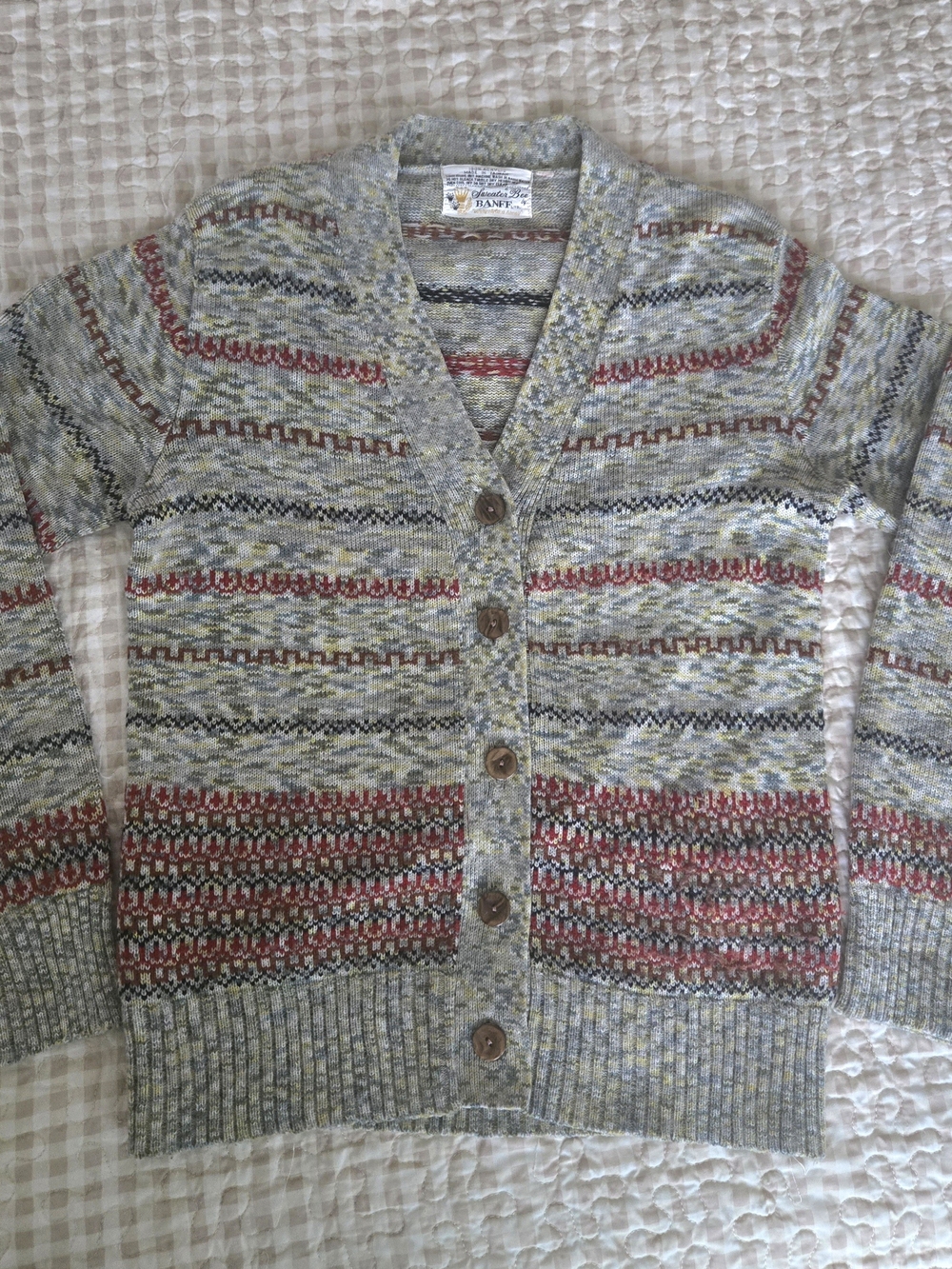 Vintage Multicolor Knit V-Neck Cardigan – Med, Academia, Ski, Striped, Fall